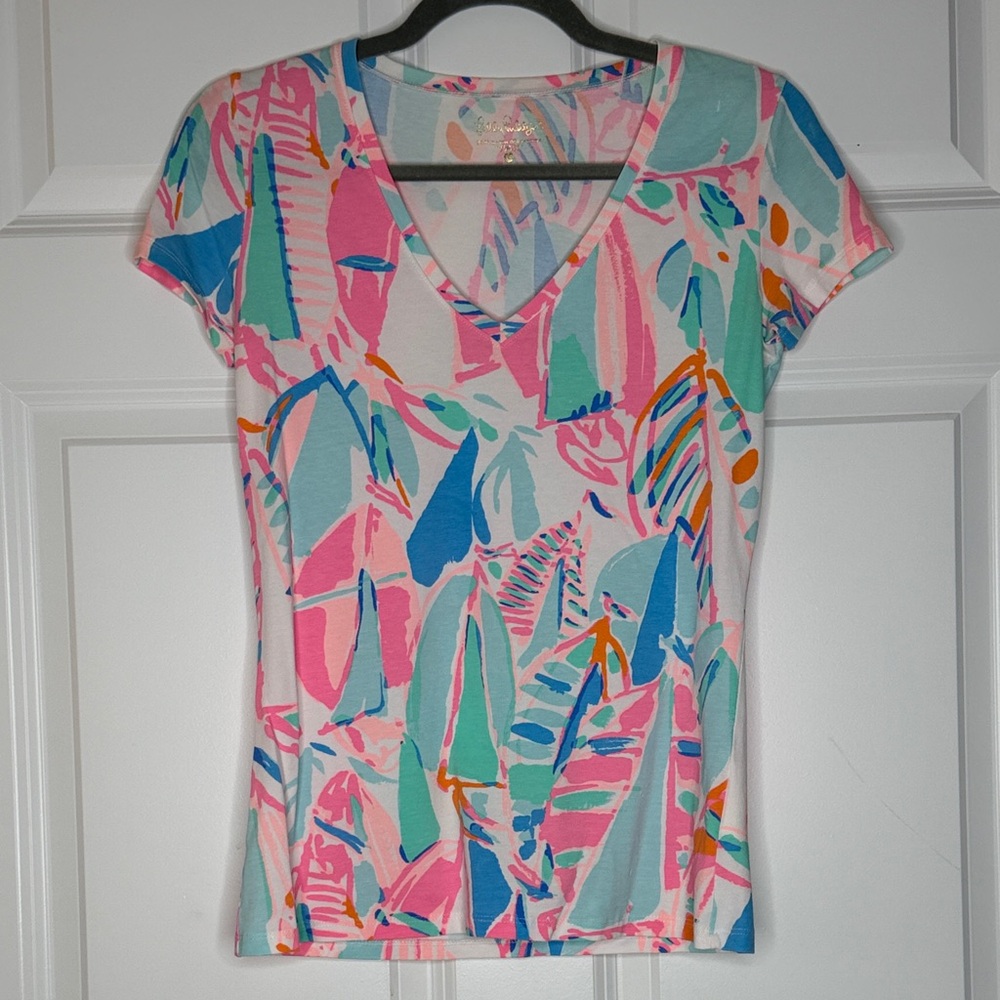 Lilly Pulitzer Michele V-Neck T-Shirt Out to Sea Sailboat Women’s XS
